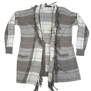Lauren Ralph Lauren XL Plaid Fringe tan Open Front Cardigan Wool Cashmere Blend